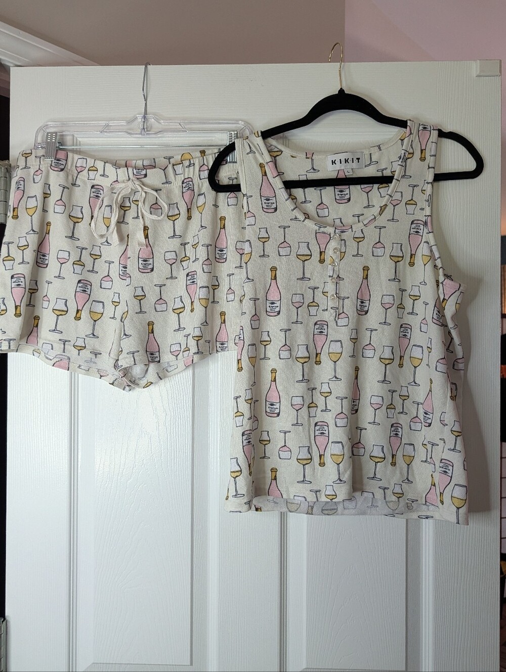 KIKIT Women’s Large Wine Champagne Print Pajama Lounge Set Tank Top Shorts